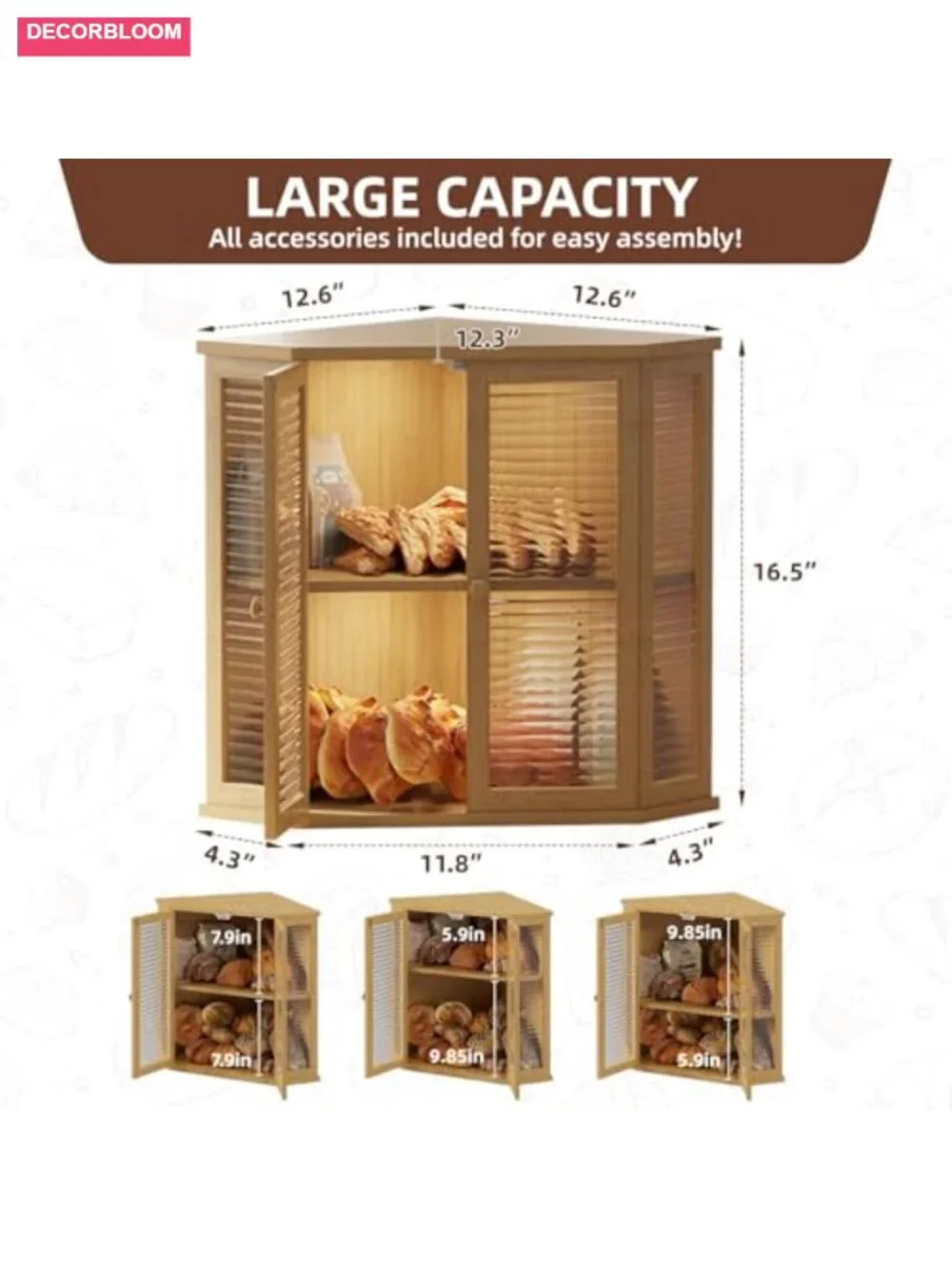 Corner Bread Box - Wood with Glass Door, Large Kitchen Countertop Storage for